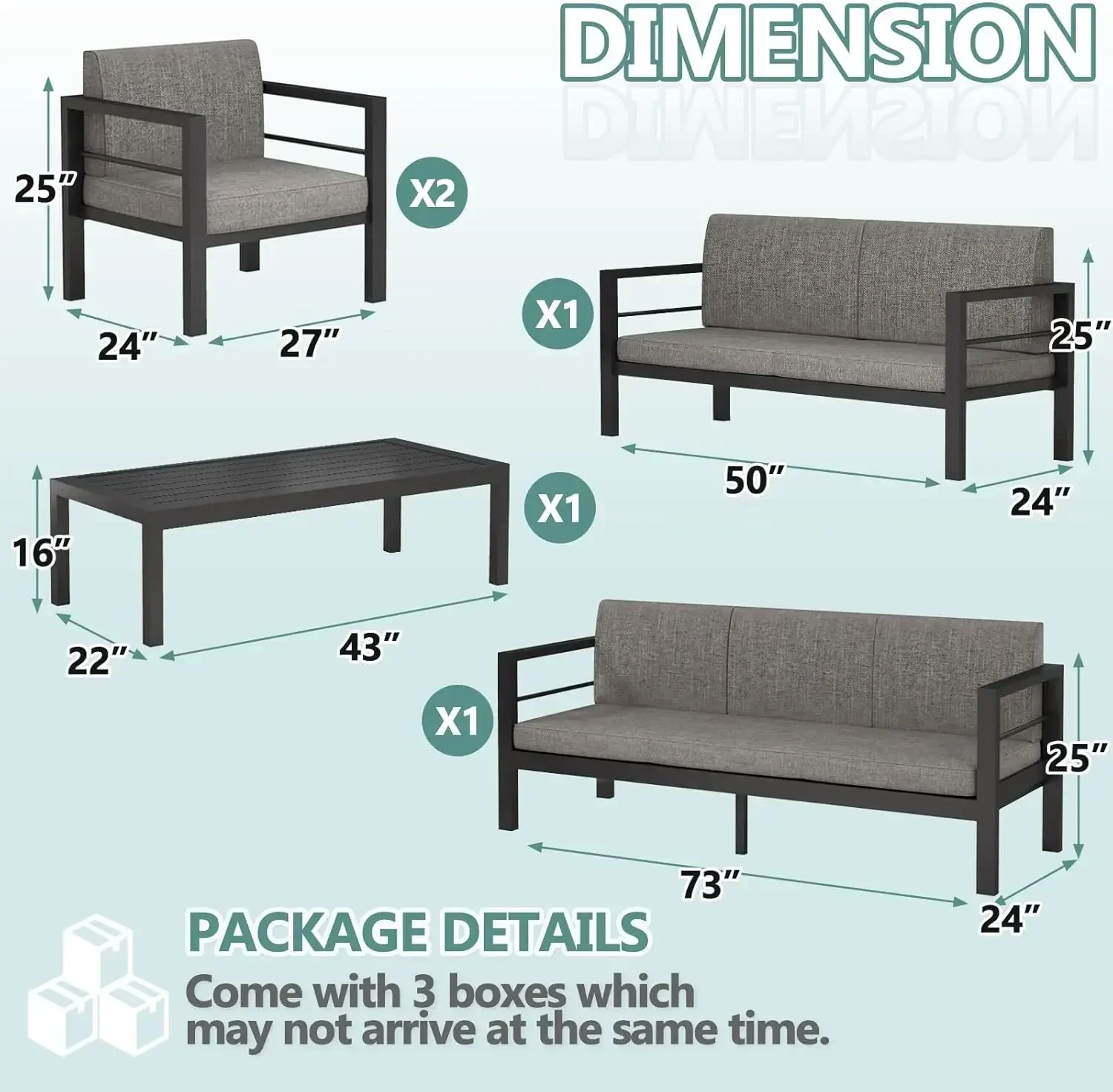 Ensemble de meubles modernes en aluminium, ensembles de sièges en métal pour l'extérieur, table basse de conversation sectionnelle, ensemble de 5 pièces