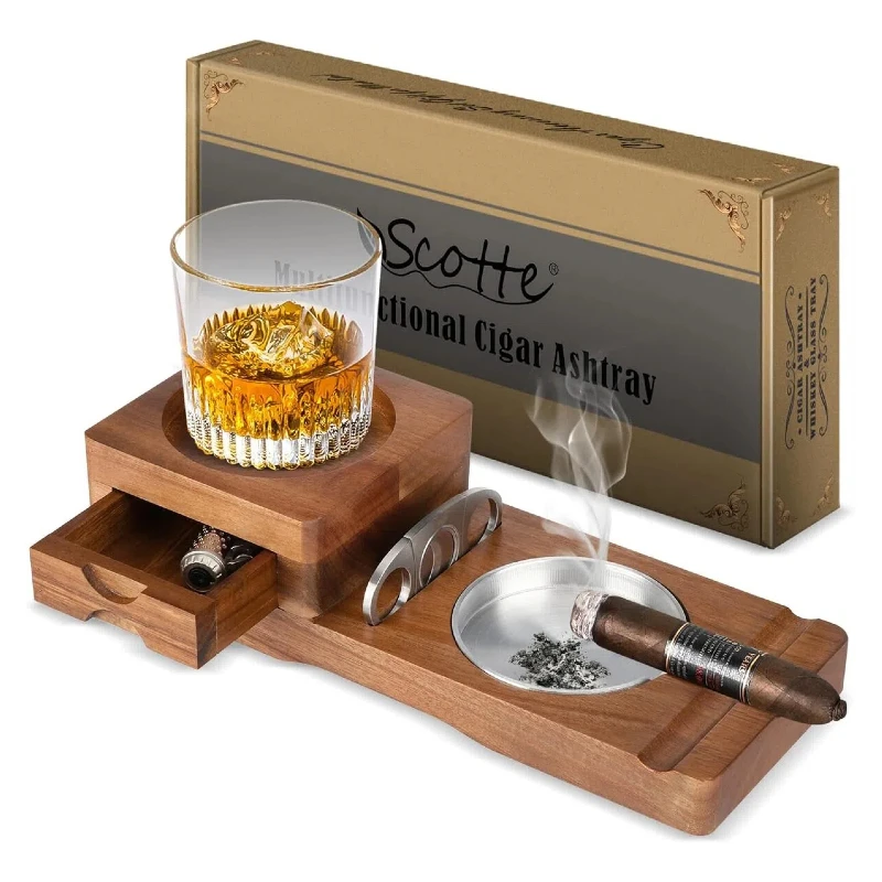 Ashtray Coaster Whiskey Glass Tray & Wooden Ashtray with Cigar Cutter, Include Drawer and Cigar Slot, Cigar Accessories for Men