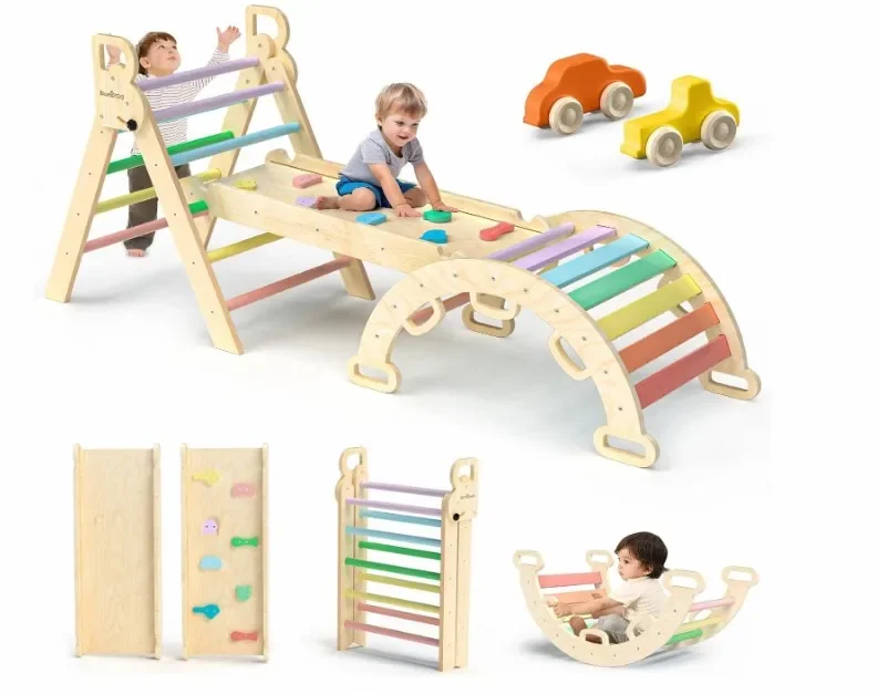 Foldable Baby Climbing Toys Wooden Montessori Climbing Set with Arch&Ramp&Ladder Baby Climber Indoor Jungle Gyms for Toddlers