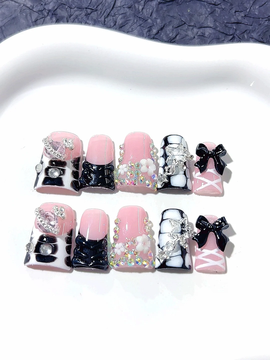 Roze zwarte strik strass raster pers op nagels (L225)