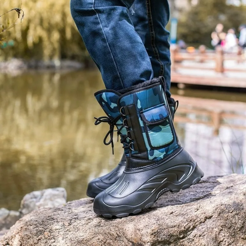 Botas de chuva masculinas de cano médio ao ar livre antiderrapante à prova d'água botas de pesca inverno pelúcia quente bota de neve de algodão de pelúcia botas de chuva para homens