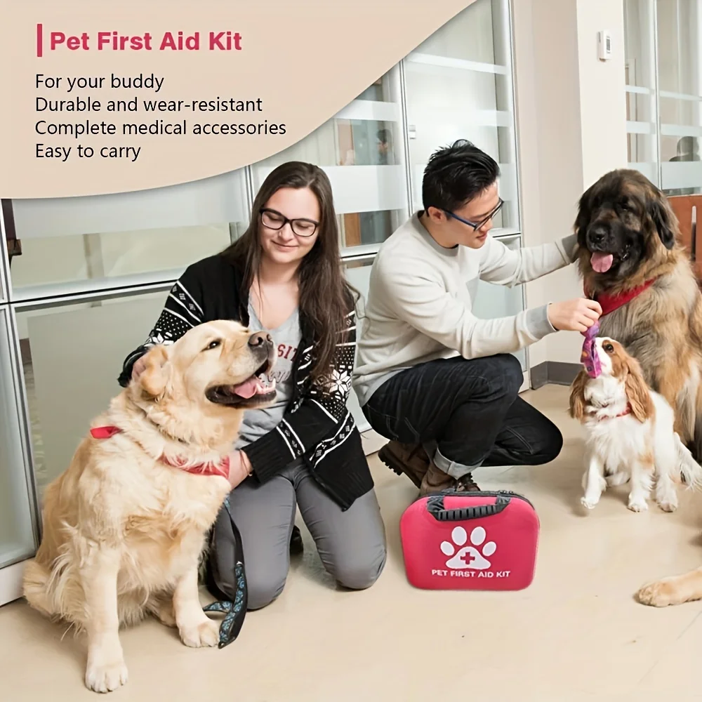 Dog and cat travel first aid kit: emergency supplies and pet first aid manuals, flea removers, etc. for hiking, camping, backpac