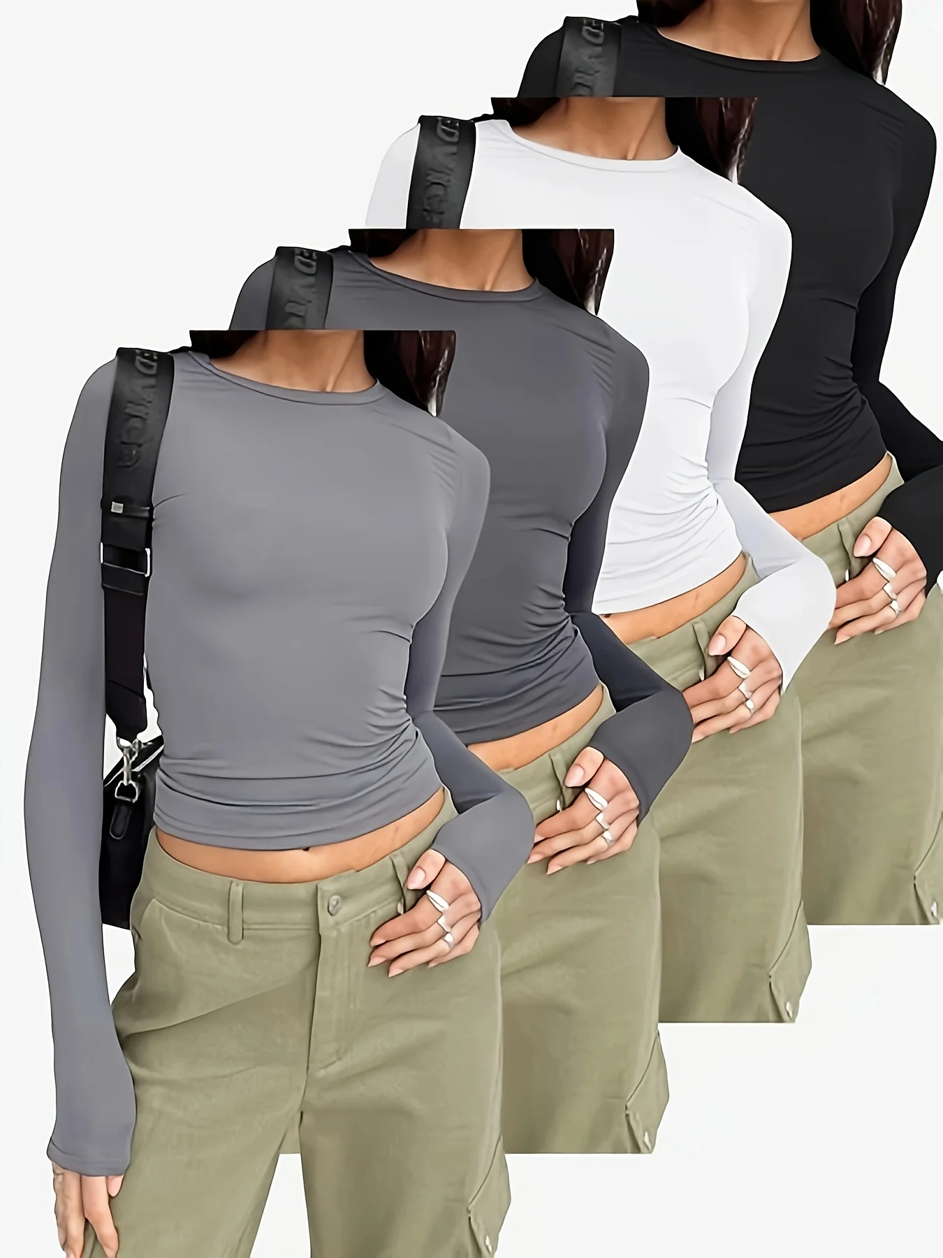 Women Basic Long Sleeve Crop Top Crew Neck Soft Stretch Slim Thumb Hole Cami Y2K Casual Daily Tee 3 Colors