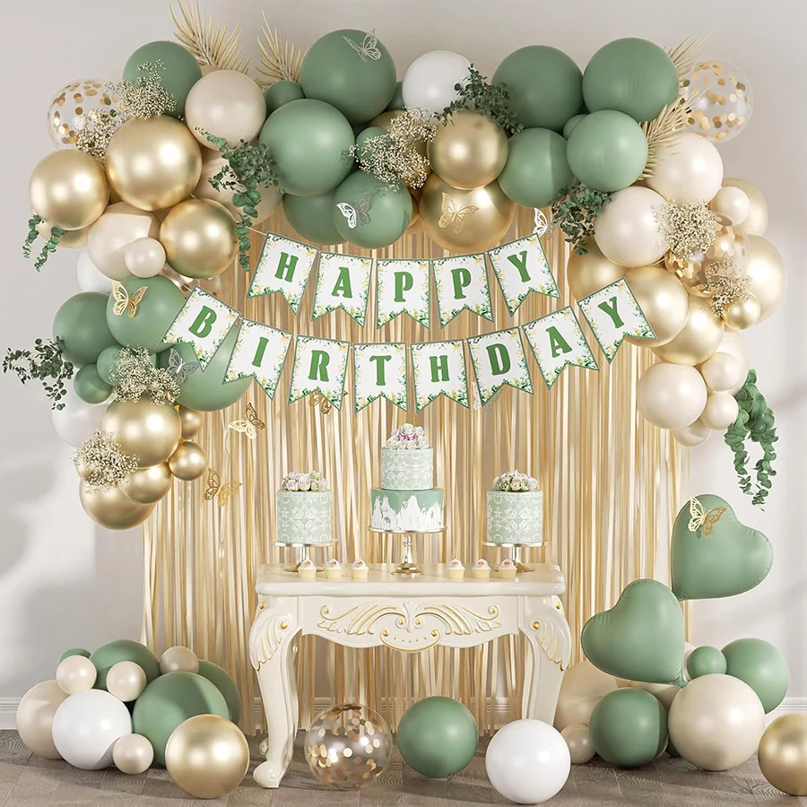 Sagegrüner, Nude-Gold-Weißer Ballonbogen-Set mit „Happy Birthday“-Banner und Fransenvorhängen für 16, 18, 21, 30, 40 Frauen Partydekoration