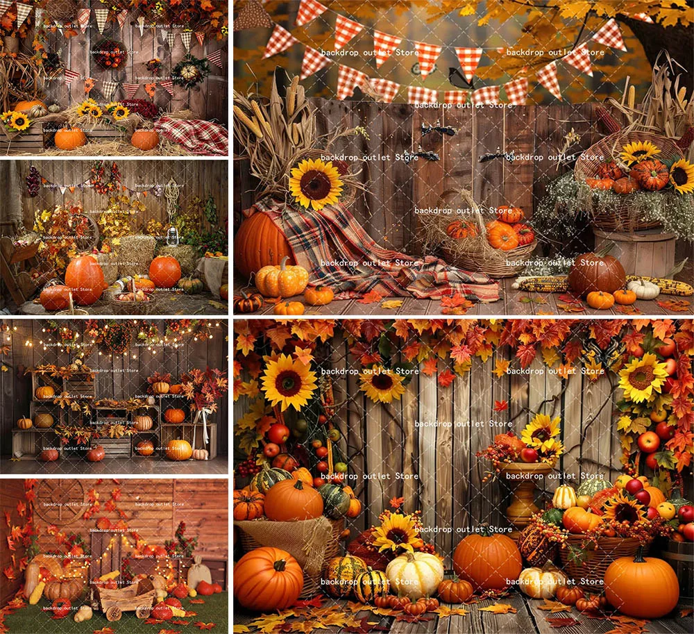 Mehofond 가을 호박 사진 배경 어린이 생일 파티 소박한 나무 배경 해바라기 건초 더미 단풍잎 장식
