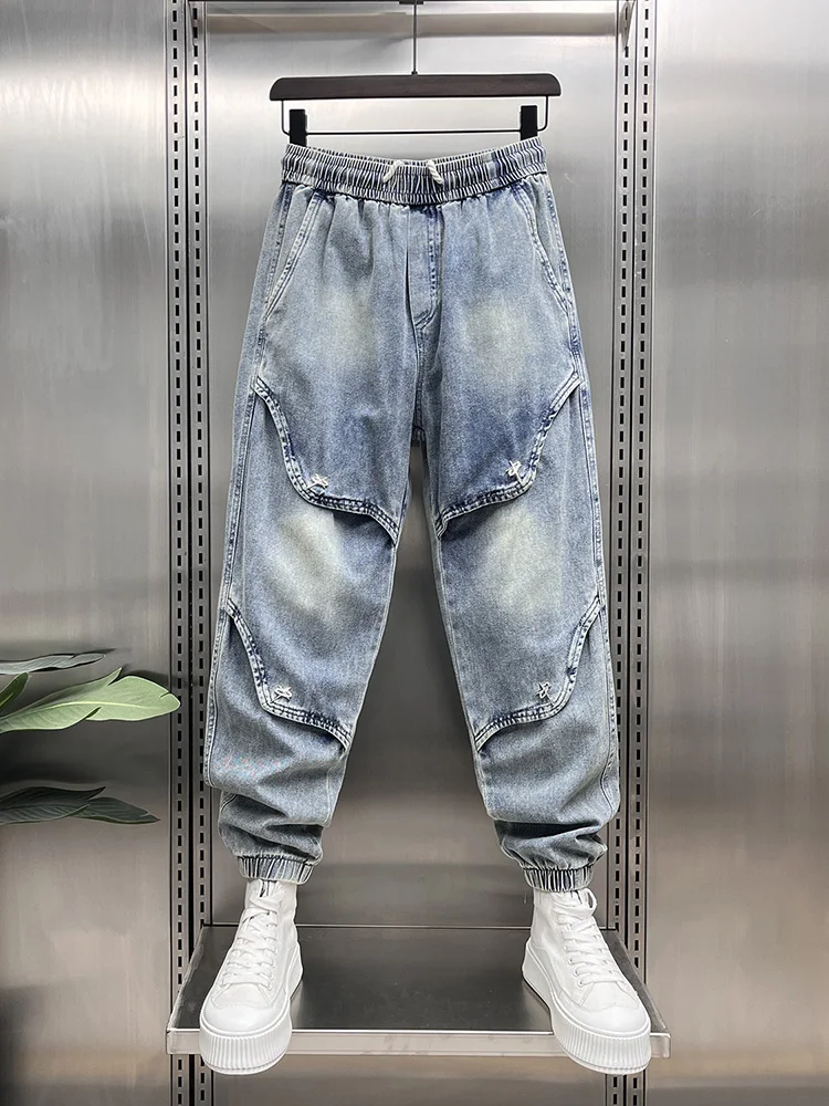 

Мужские ретро-джинсы свободного кроя с манжетами, синие, модные, весенние, в стиле хип-хоп, с пэчворком, джинсовые брюки для молодежи, современные, в стиле харлан...