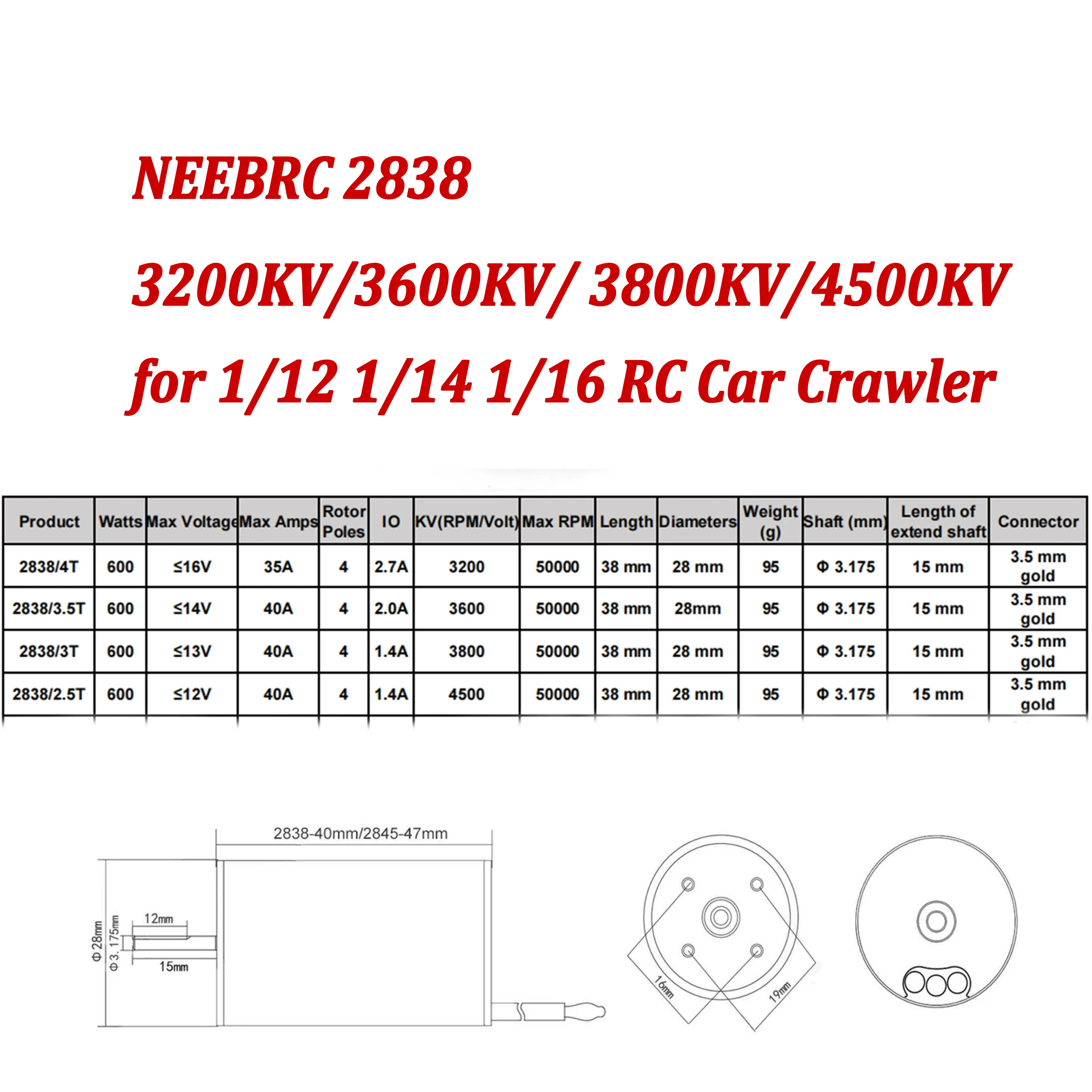 

NEEBRC 2838 Waterproof Brushless Motor for 1/12 1/14 1/16 RC Car Crawler Racing Off-Road Wltoys 144001 Traxxas Trx4 Redcat Parts