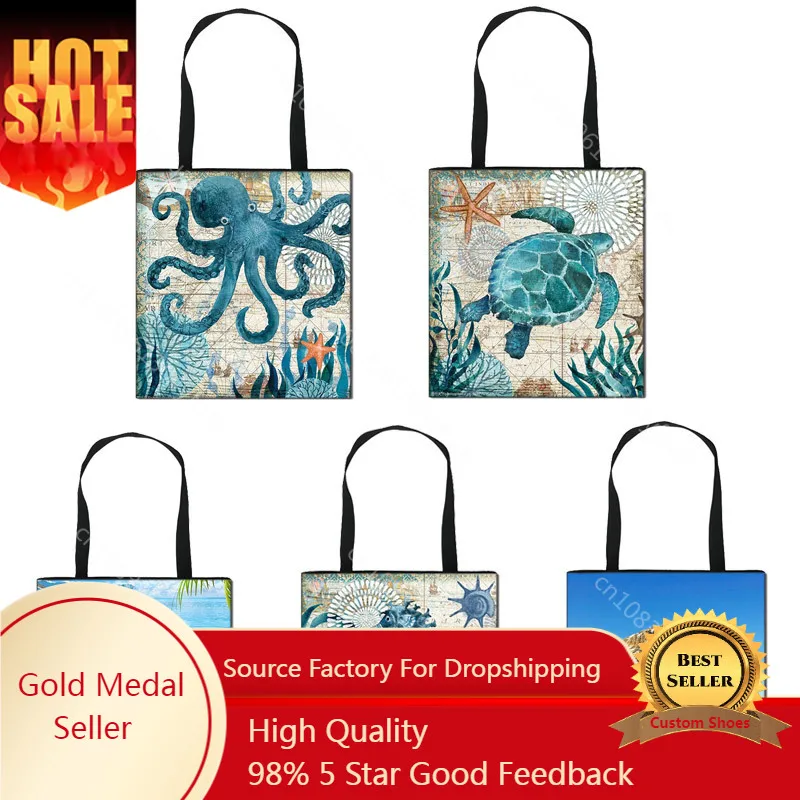 

Seahorse Octopus Undersea Word Casual Totes Bag Women Handbags Reusable Shopping Bag Women girls bookbag Canvas Totes