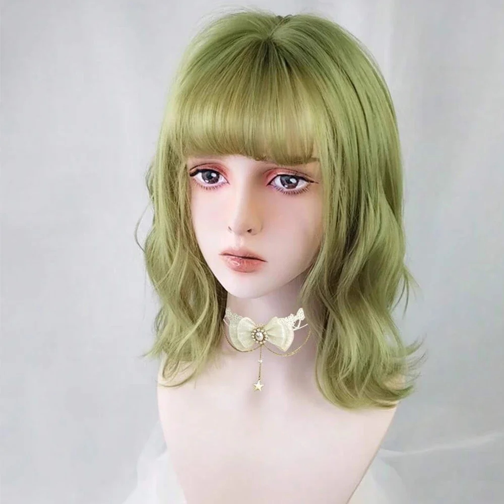 Green Short Bob Synthetic Wig With Bangs Curly Role-playing Wig Women\'s African Wave Heat-resistant Hair.