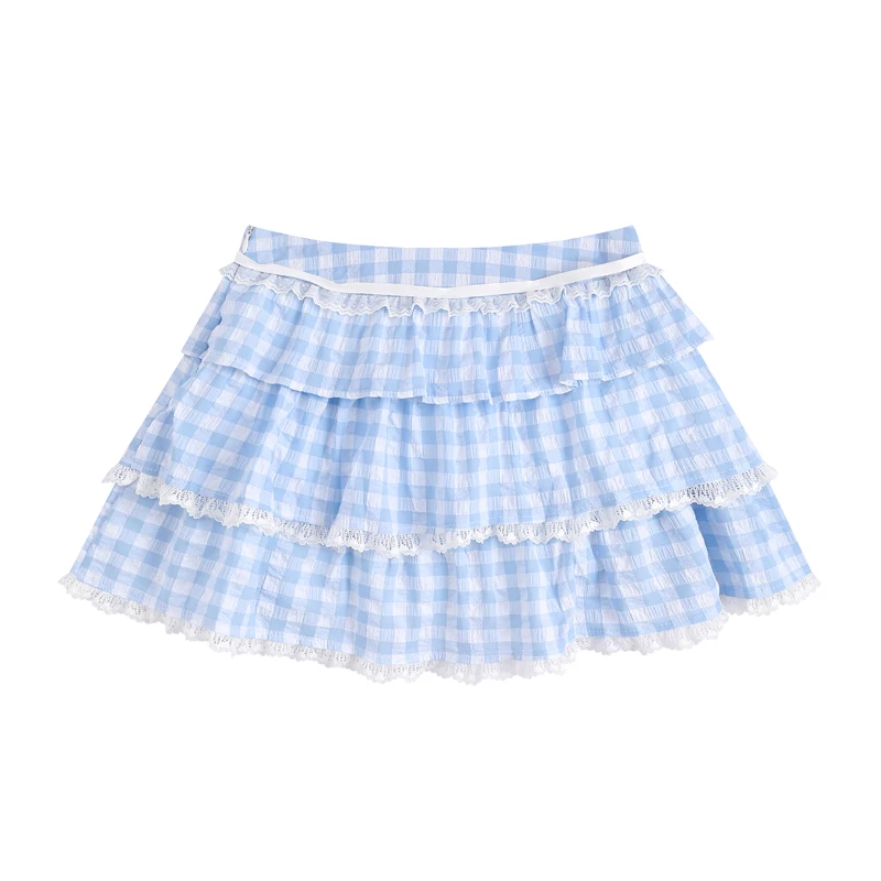 Ballet Style Lace Check Striped Short Skirt Ladies Summer High Waist Slim A Letter Drawstring Skirt Blue