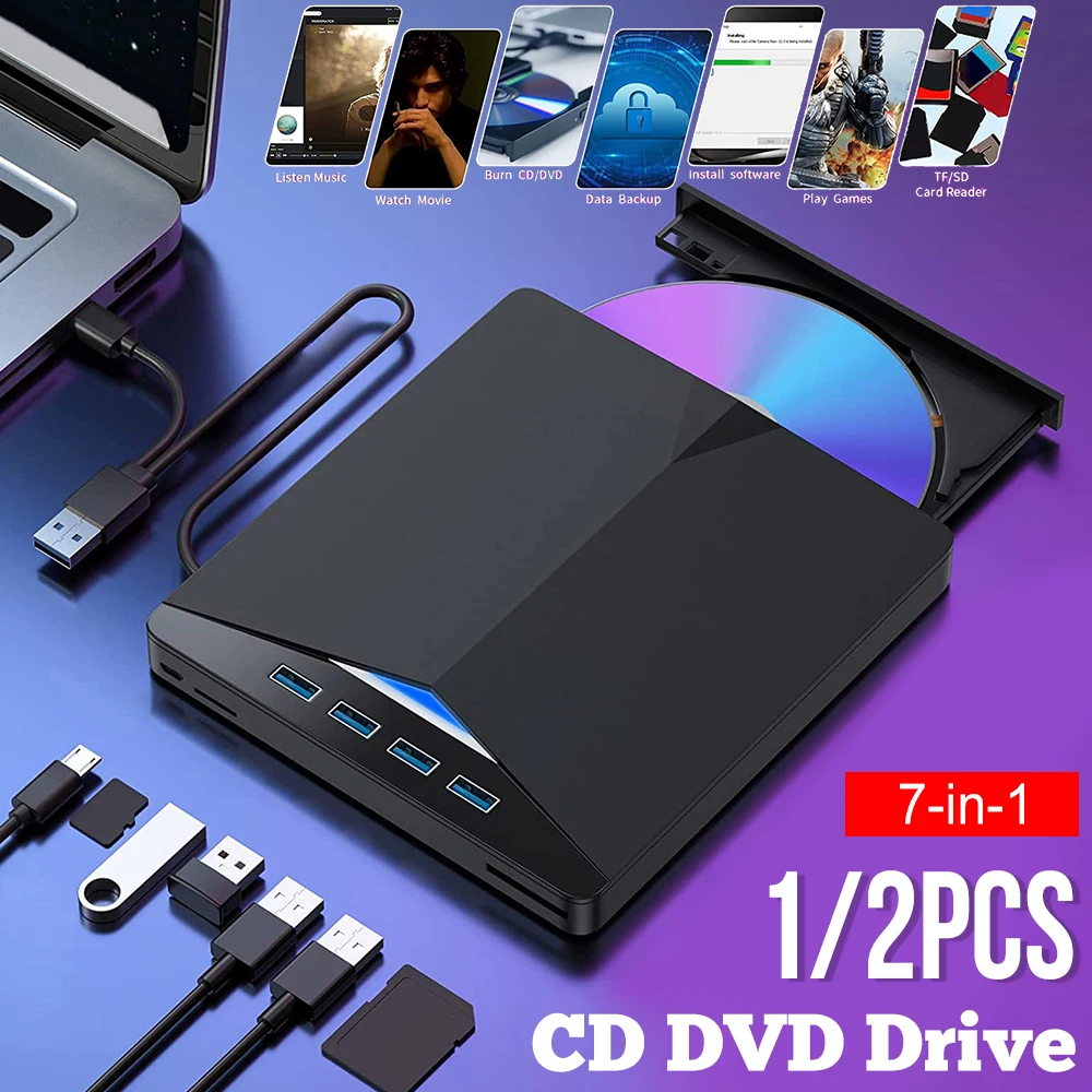 

1/2 шт. 7-в-1 CD DVD-привод, портативный USB-внешний оптический диск, привод для записи DVD/CD-дисков, плеер, SD/TF-карта для портативных ПК
