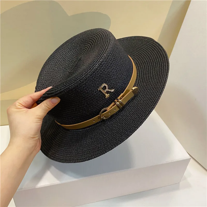 Summer Women\'s Flat Top Hat Casual Vacation Travel Beach Retro Bucket Hats for Women Letter R Sun Protection Straw Cap