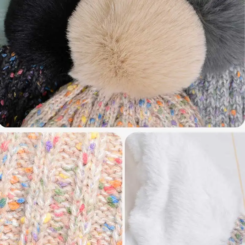 Fashion Women Skullies Beanies with Earmuffs Color Blocking Sherpa Ski Snow Hat Thicken Plush Knitted Hat Big Pompon Bomber Hat