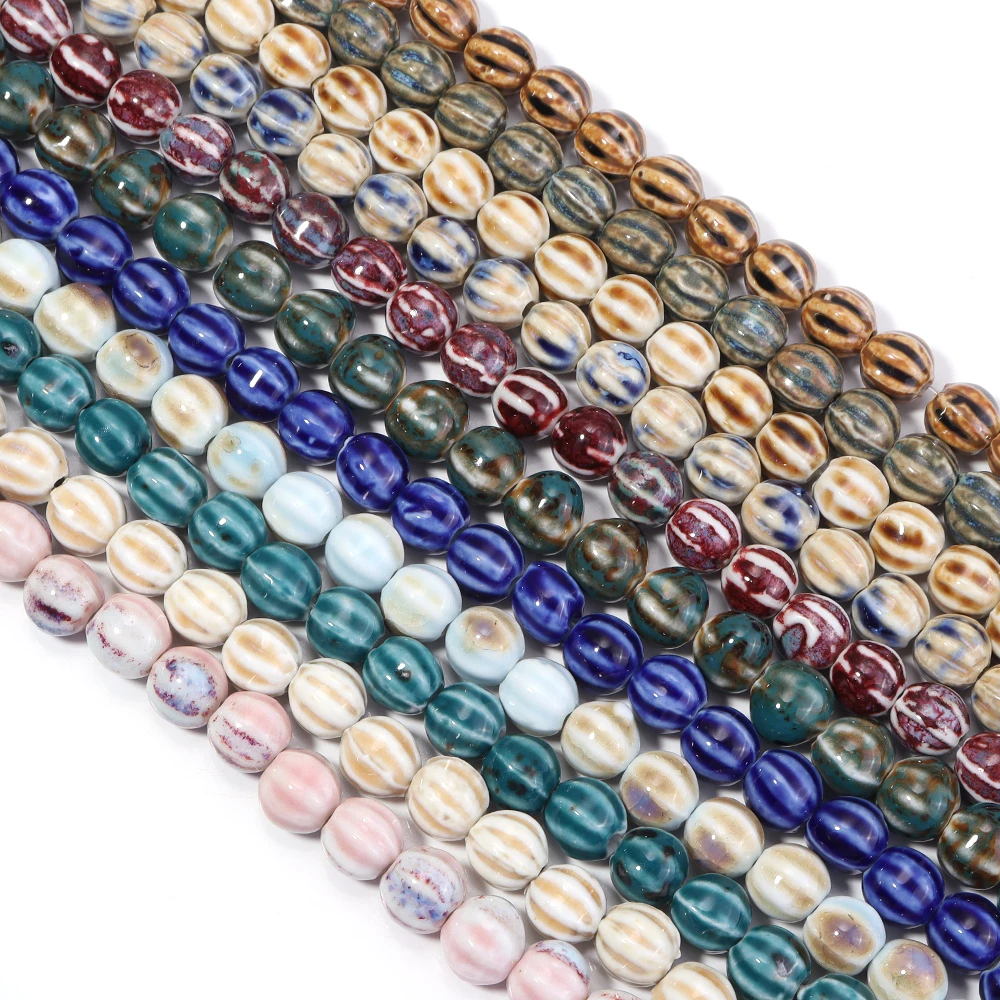28Pcs/Strand Fancy Glaze Ceramics Beads Multicolour Pumpkin Stripe Loose Beads For DIY Jewelry Making Bracelet Necklace Supplies