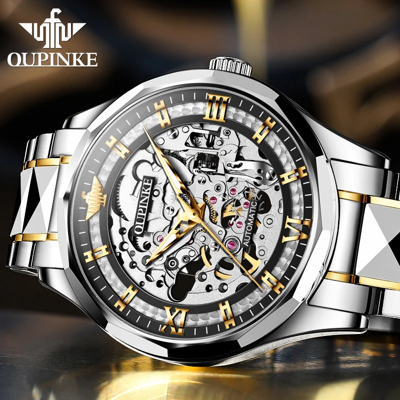 OUPINKE 3209 Men\'s Watches 5Bar Waterproof Skeleton Roman Numeral Dial Original Fully Automatic Mechanical Wrist Watches for Men