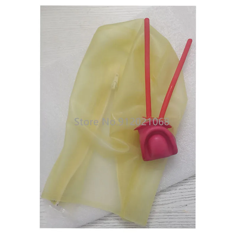 Latex Rubber Hood with Long Nose Tube Teeth Gag Mini Eye Hole Back Zip Handmade Fetish Mask for Men Women (Open Mouth Type)