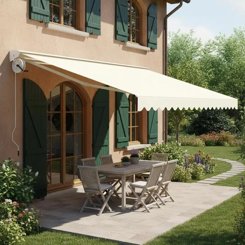 Auvent rétractable manuel en polyester avec revêtement imperméable et résistant aux rayons UV. Il possède une structure en acier robuste, est commandé par une manivelle et permet de réguler la hauteur. Facile à nettoyer et à assembler, idéal pour les terrasses, les balcons et les jardins.