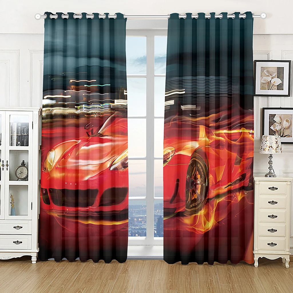 

3D Sports Racing Car Printed Window Curtains for Boys Men Adults Scenery Living Room Bedroom Kitchen Semi-Blackout Curtain Drape