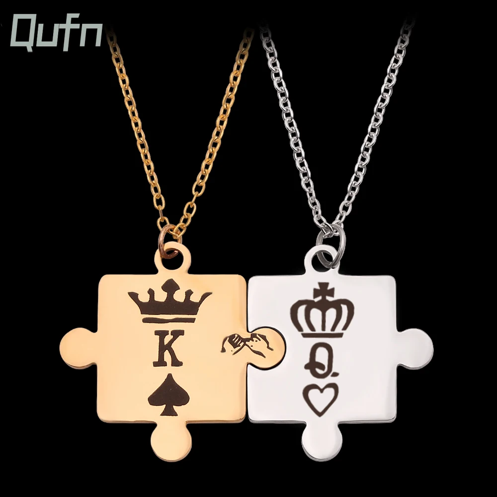 Letters K & Q Couple Necklaces With Crown Stainless Steel Tag Pendant Necklace King & Queen Engraved Men Jewelry Gift