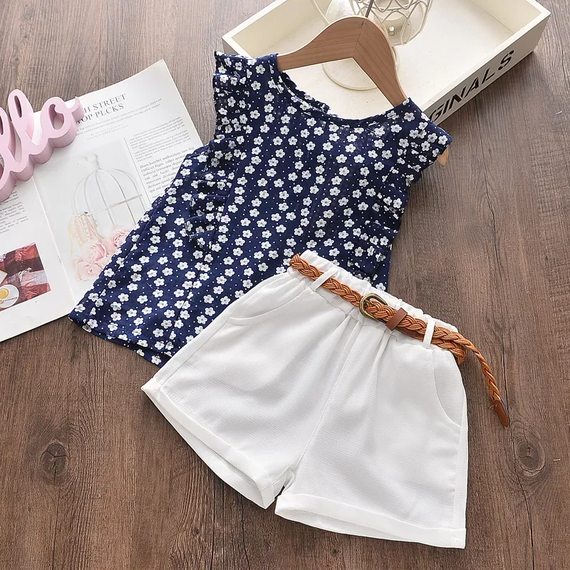 Keelorn Summer Fashion Clothes Casual Girls Sets Flower Print Pattern Top T-shirt Short Pant with Pocket Kids Costumes 3-7 Y
