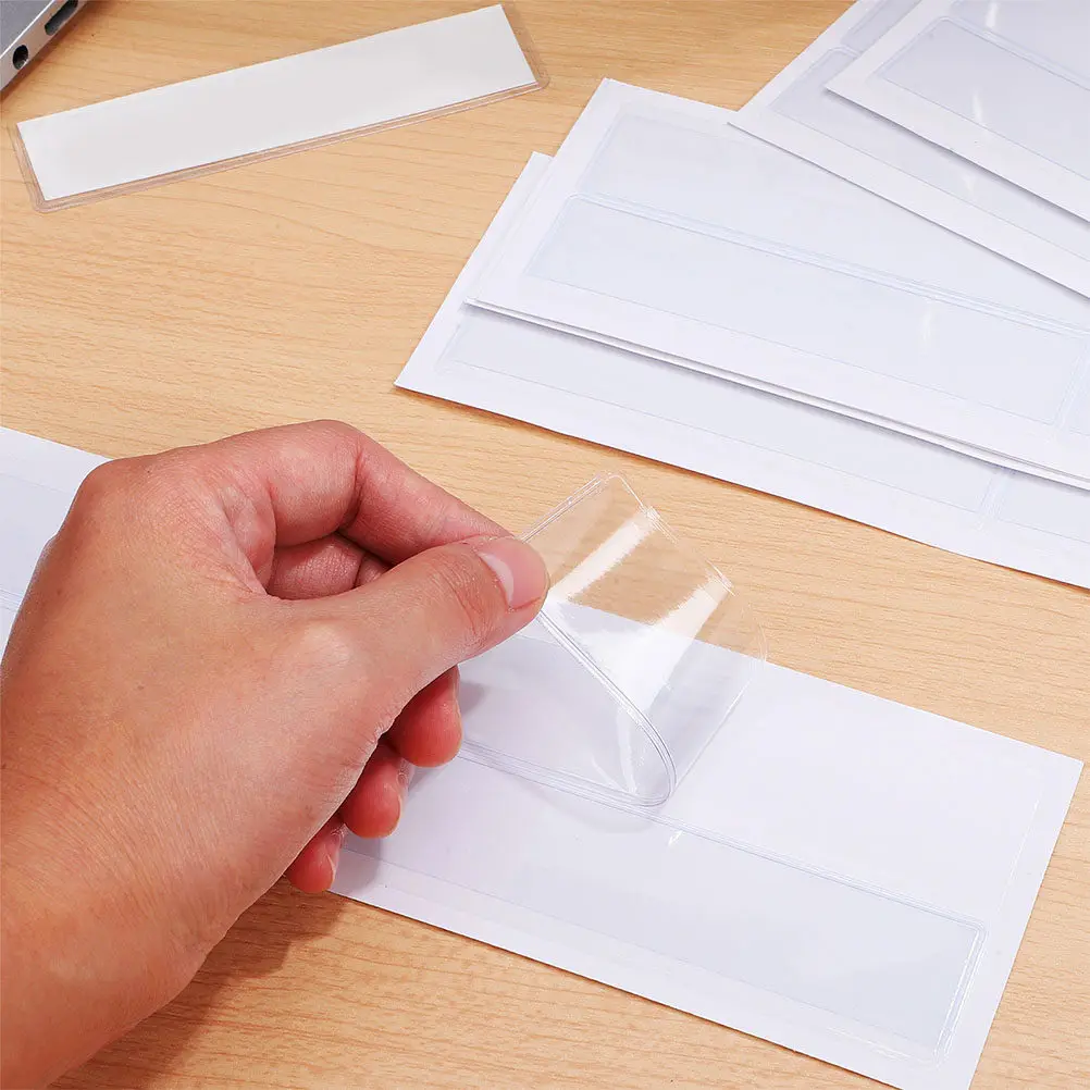 50Pcs Clear Self-Adhesive Label Pockets Strong Adhesion Transparent Plastic Label Holders for File Cabinets Mailbox Shelf