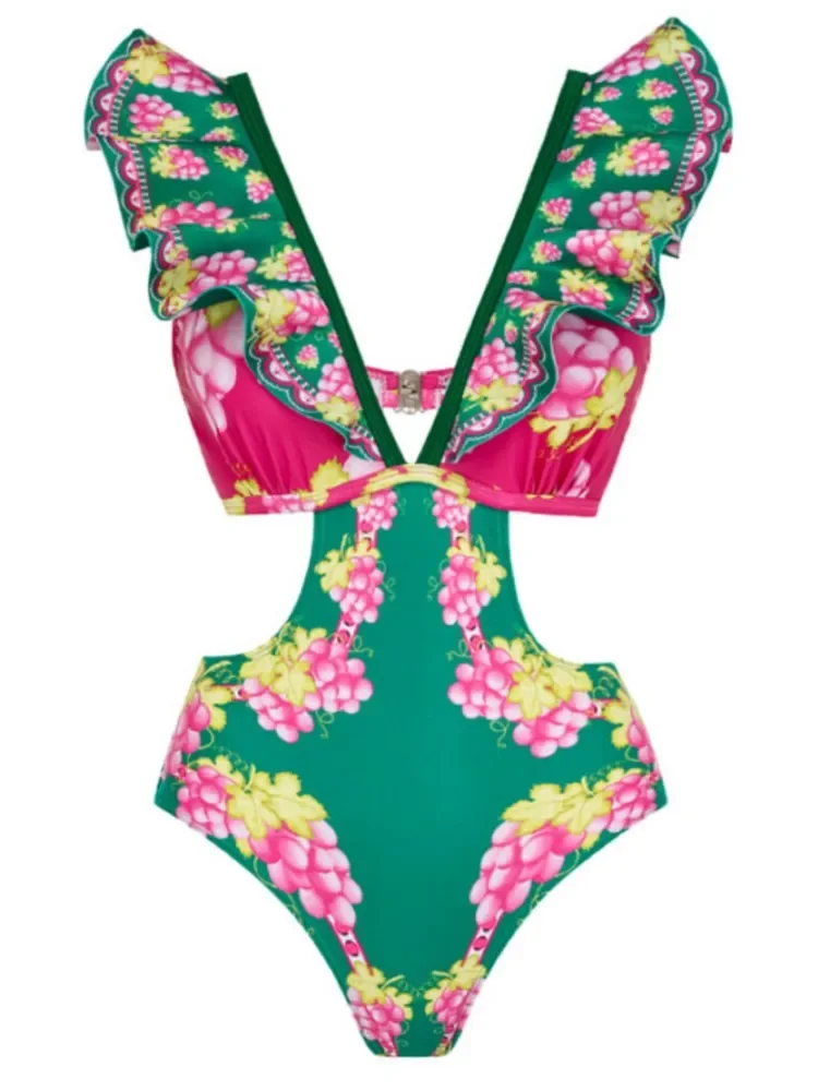 Bikini verde Retro, traje de baño de una pieza estampado a la moda y cubierta con falda ajustada, vendaje para mujer, playa de verano, elegante de lujo