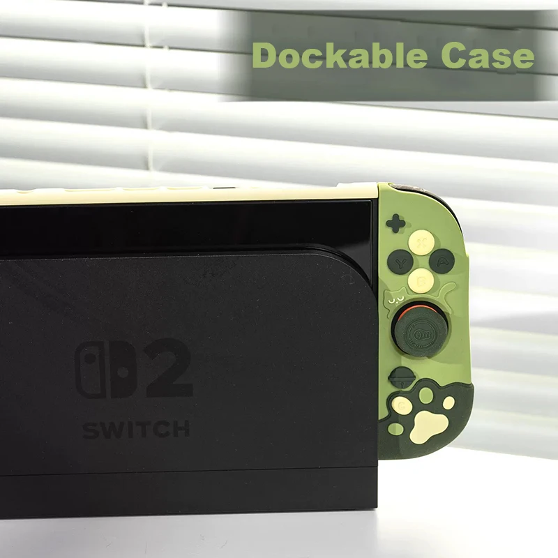 Ochronna obudowa Meow Cat kompatybilna z Switch 2, urocze etui w kolorze herbacianego zielonego z silikonowymi nakładkami na kontrolery i nakładkami na gałki analogowe do Switch Oled. — zdjęcie produktu 4