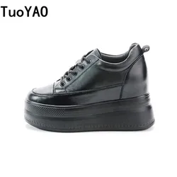 New Women Vulcanized Genuine Leather Shoes 9CM Platform Wedge High Heels White Black Shoes Lace Up Increased Sports Casual Shoes