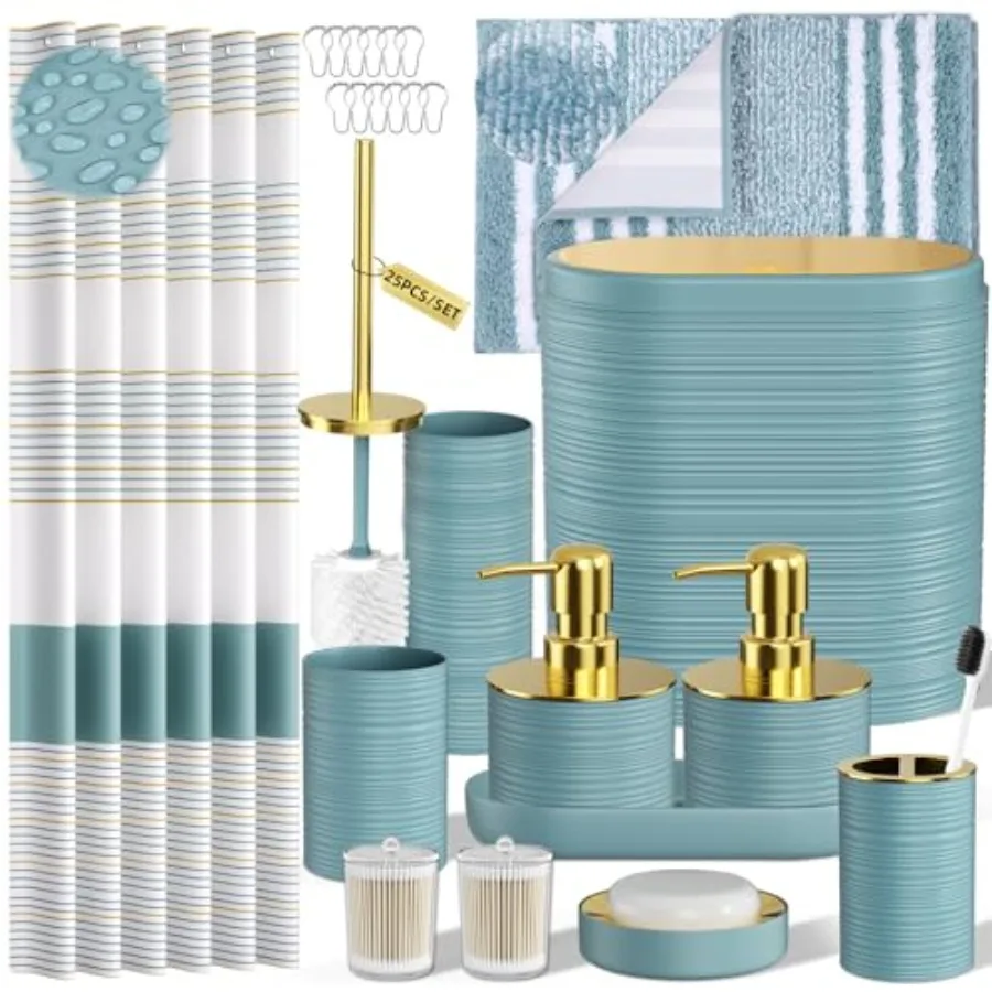 

Набор аксессуаров для ванной InnJoey: шторка для душа и коврики, 25 предметов, светло-голубые аксессуары для ванной, включая диспенсер для мыла.