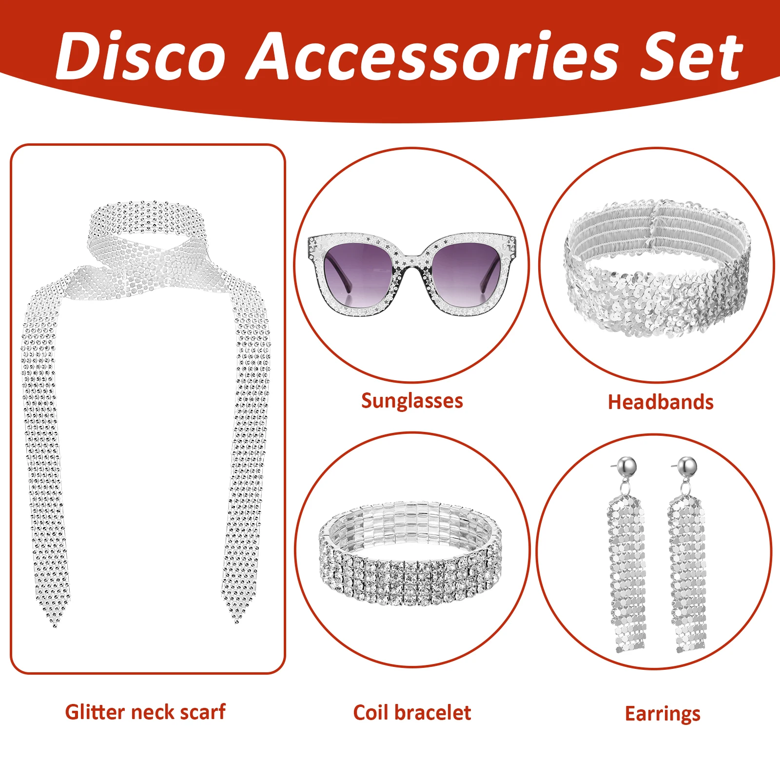 

70s Disco Set White Vintage Metal Jewelry 5 Pieces Sturdy Material Women Headb 70S Disco Accessories For Party Decor