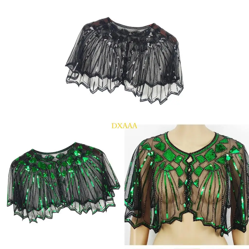 

DXAA Delicate Sequins Adorned Capelet Shoulder Wrap Breathable Mesh Fabric Scarf Shawl With Intricated Beadwork Design
