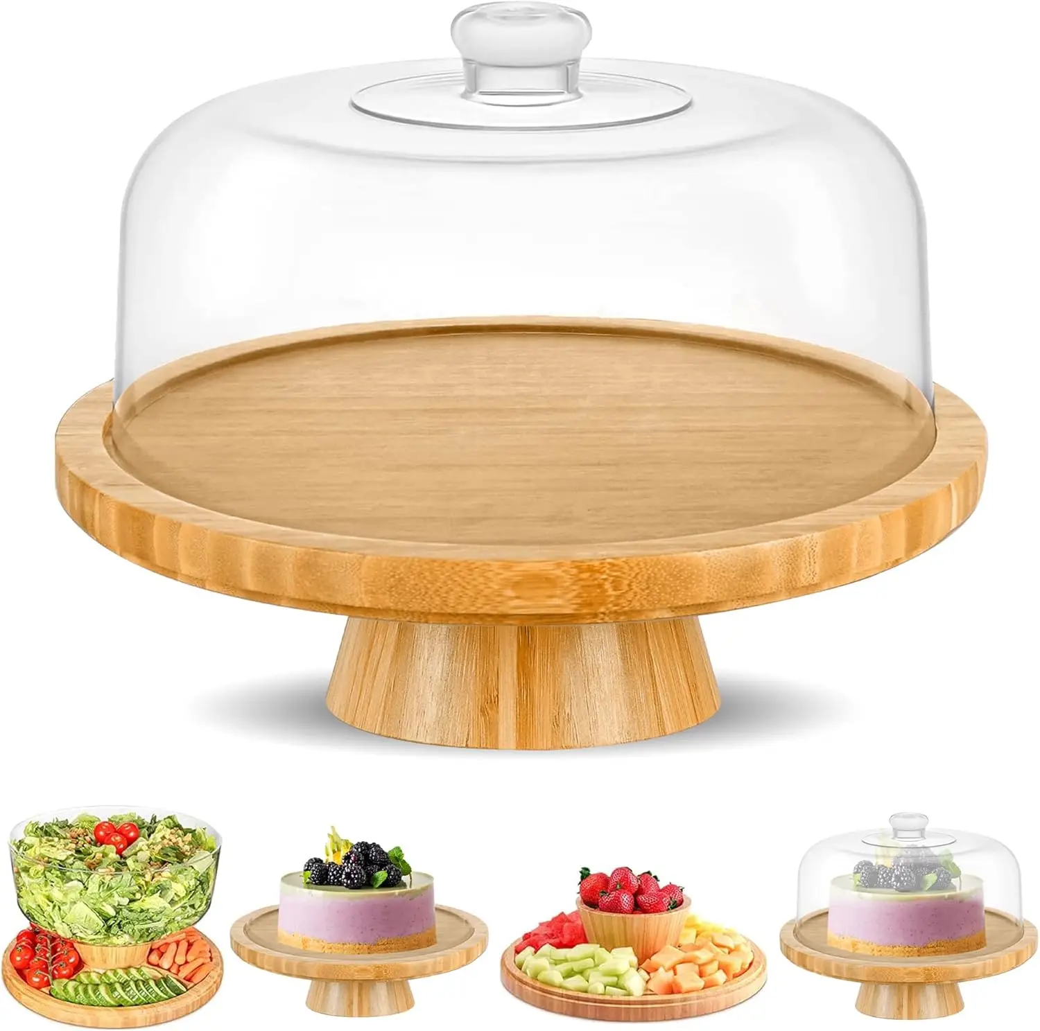 

6-in-1 Bamboo Cake Stand with Clear Dome - Multifunctional Serving Platter for Parties and Events