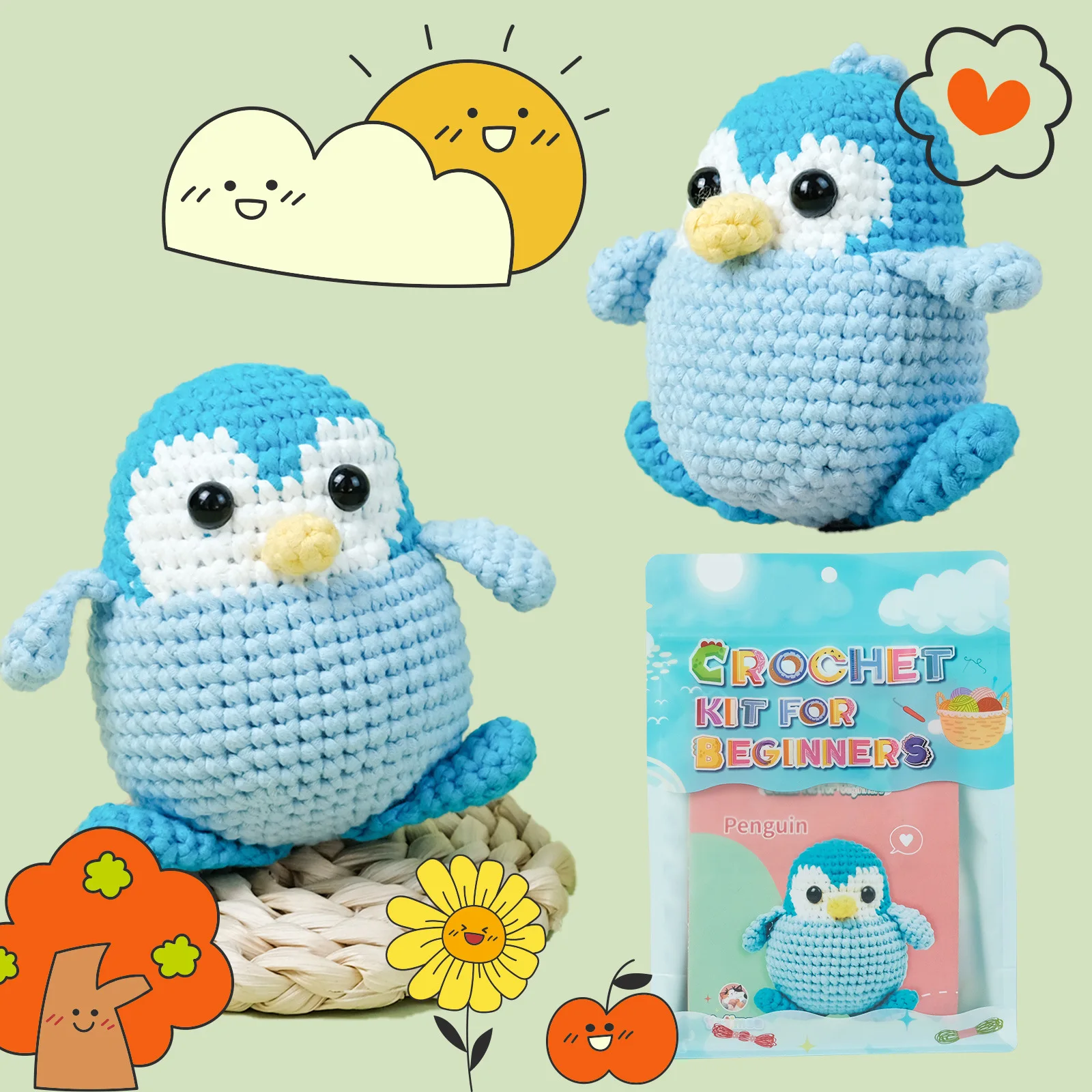 Blue Penguin DIY Crochet Doll Material Kit DIY Knitting Crocheing Sewing Crafts Birthday Gift for Men and Women