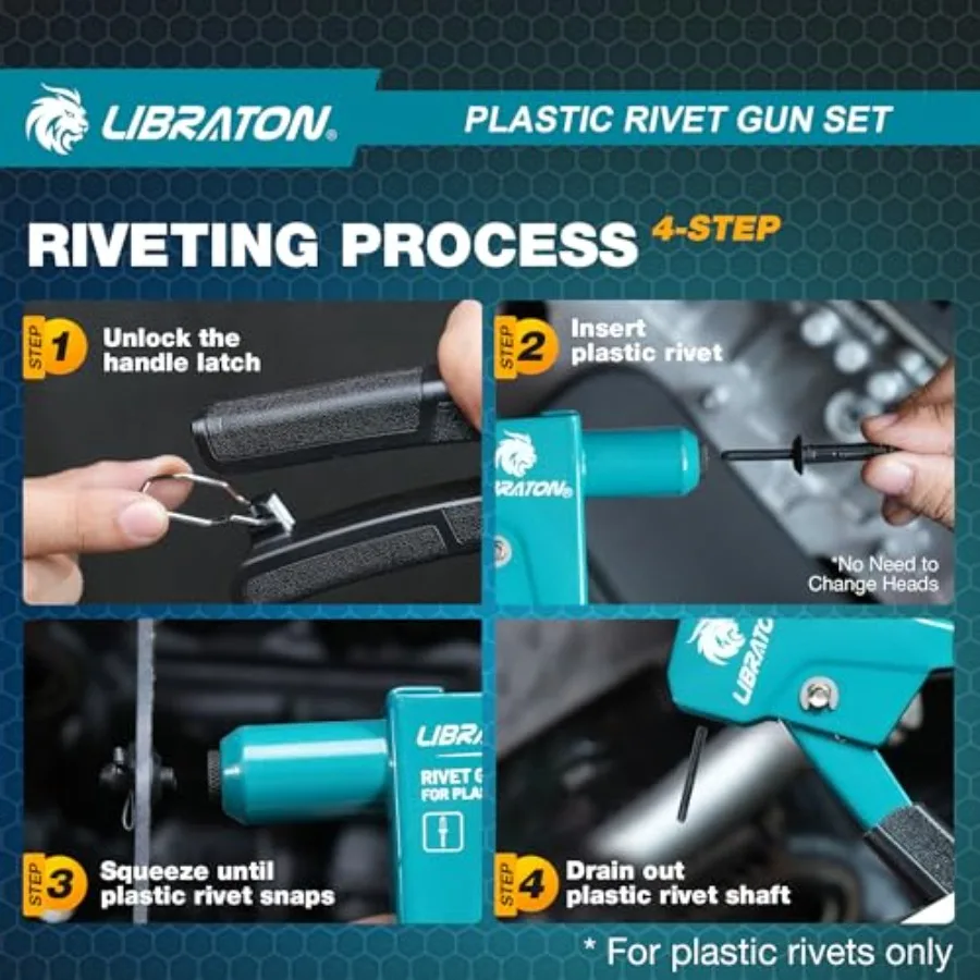 90度角度プラスチックリベットガンキット、4種類のサイズのナイロンリベット40個付き、自動車および電子機器用途向けユニバーサルノーズピース