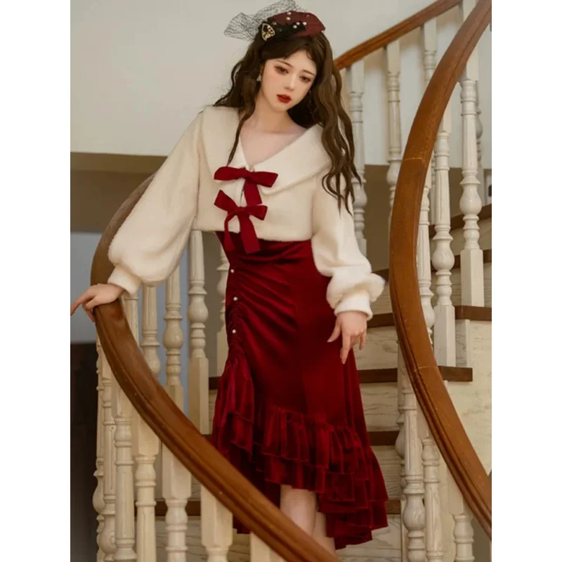 

FC6Spring And Autumn JSK Velour Lolita Bowknot Short Coat Elegance Temperament Retro Style Fishtail V-neck High-waisted Dre@FC8！