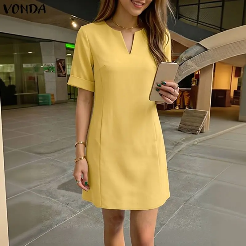 Kurzärmliges Minikleid für Damen Elegantes Einfarbiges Sommerkleid 2026 VONDA Lässiges Loses Kleid mit V-Ausschnitt Büro-Outfit OL Vestidos Übergroß