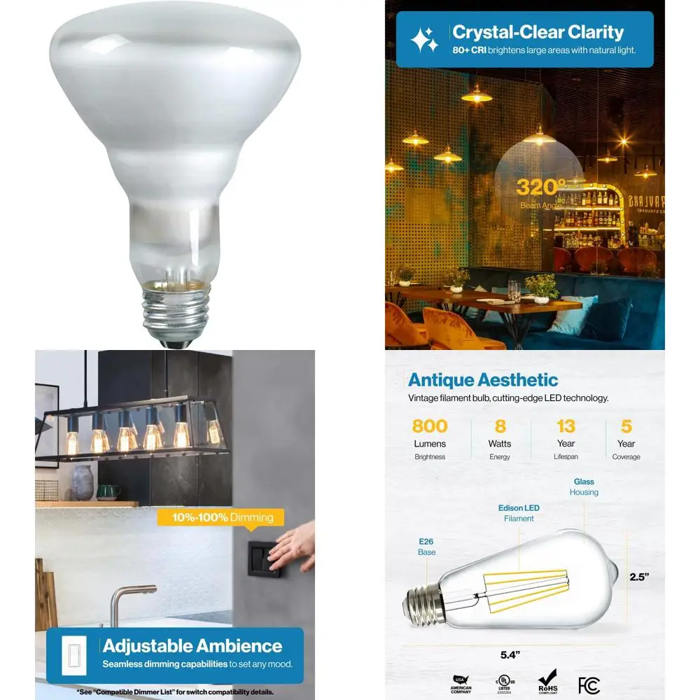 

BR-30 Рефлекторные прожекторы мощностью 65 Вт, среднее основание E26, 620 люмен, для внутреннего использования, 12 шт., энергоэффективное освещение