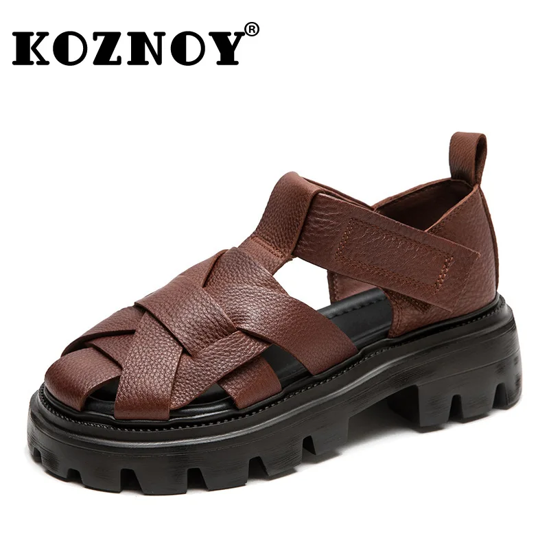 Koznoy-zapatos de cuña con plataforma étnica para mujer, sandalias redondas de cuero genuino tejidas, zapatillas con hebilla de lujo, Mary Jane, 5cm