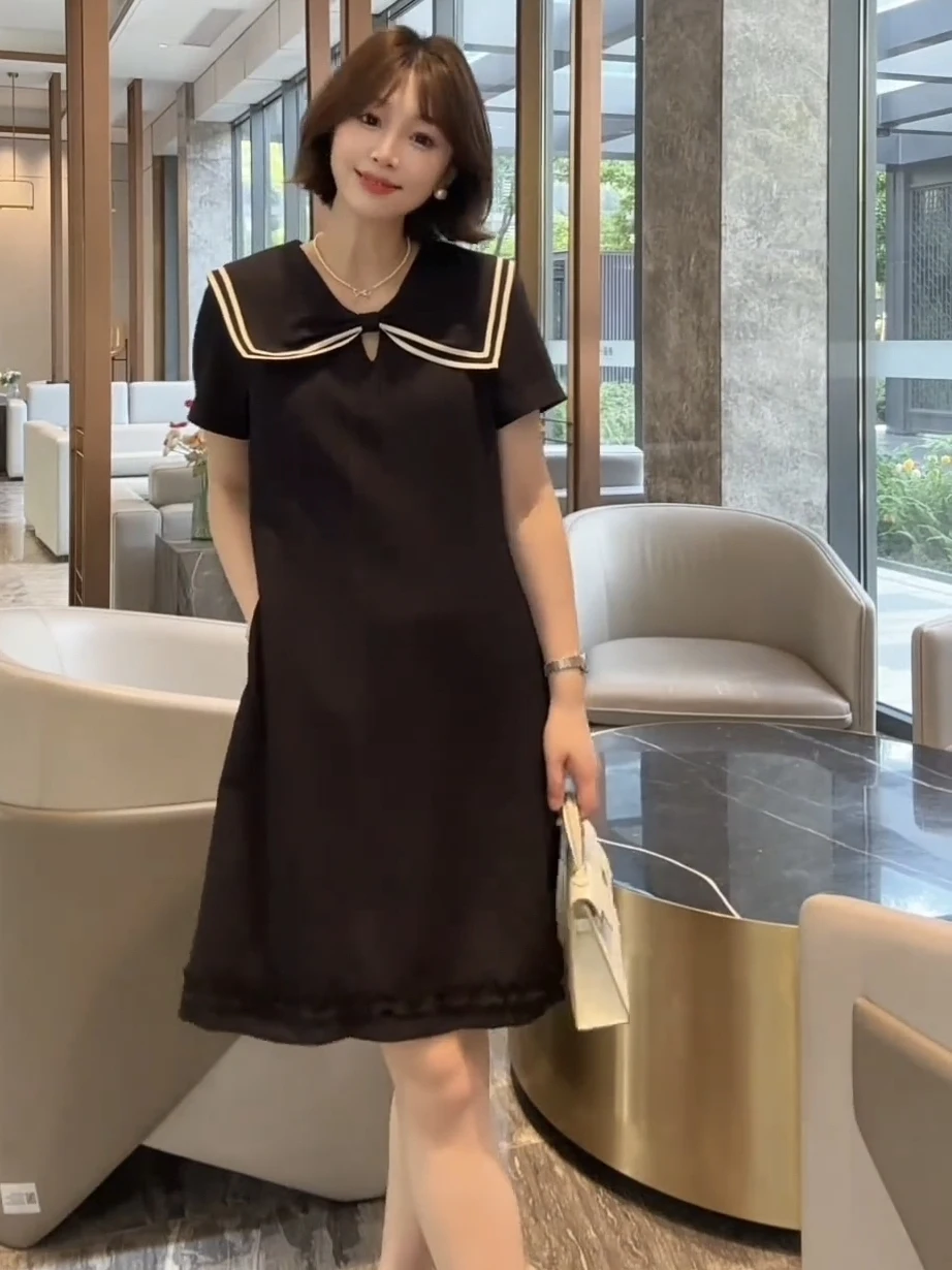 

Летнее платье больших размеров нового фасона с темно-синим воротником и коротким рукавом для полных женщин, повседневное, свободного кроя, с завышенной талией, из полиэфирного волокна