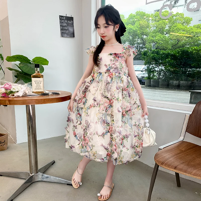 2024 new summer girl Flower Fairy floral dress skin-friendly breathable material designer design foreign girl princess dress.