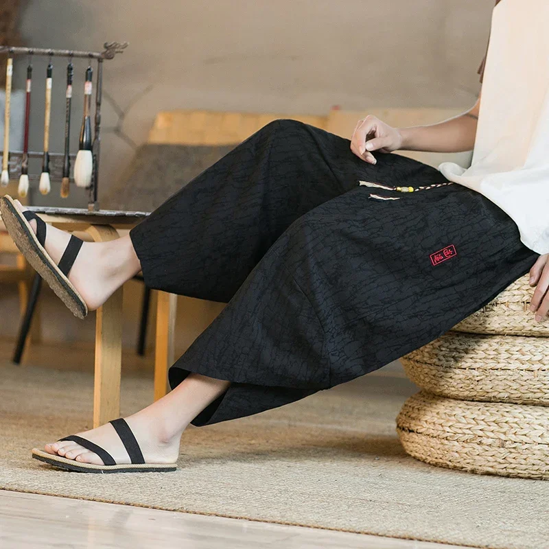 Japanese Kimono Traditional Shorts Men\'s Asian Clothin Pants Japanese Samurai Casual Loose Men\'s Yukata Linen Wide Leg Trousers