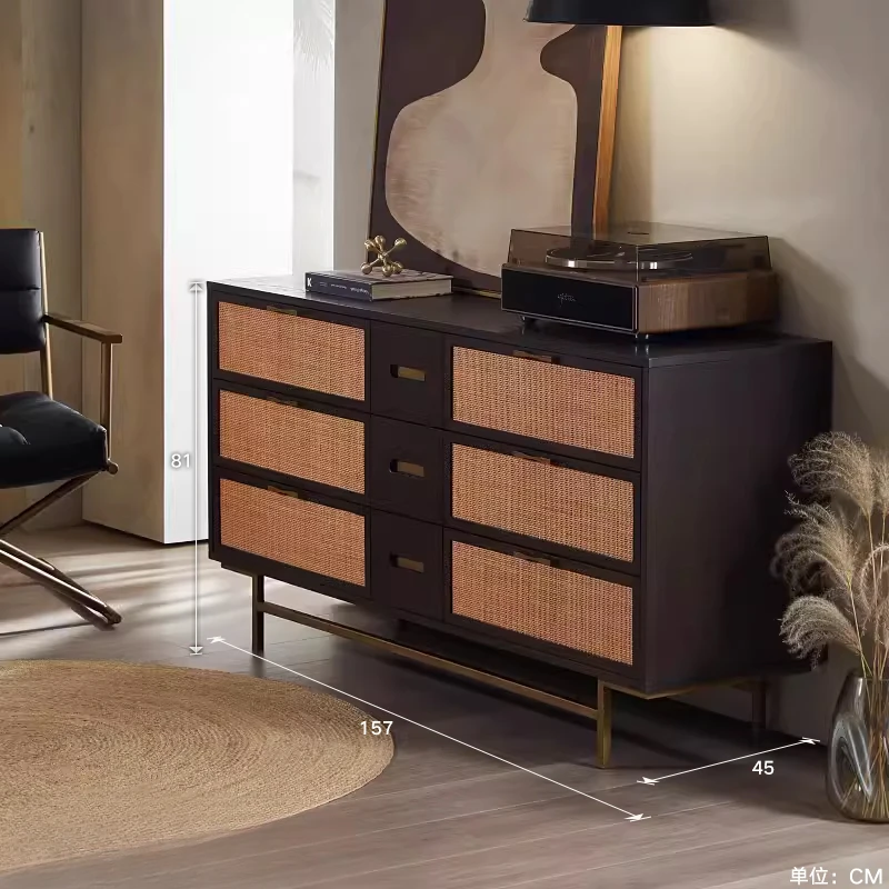 Moderner, einfacher Massivholz-Rattan-Seitenschrank mit sechs Brust und Veranda