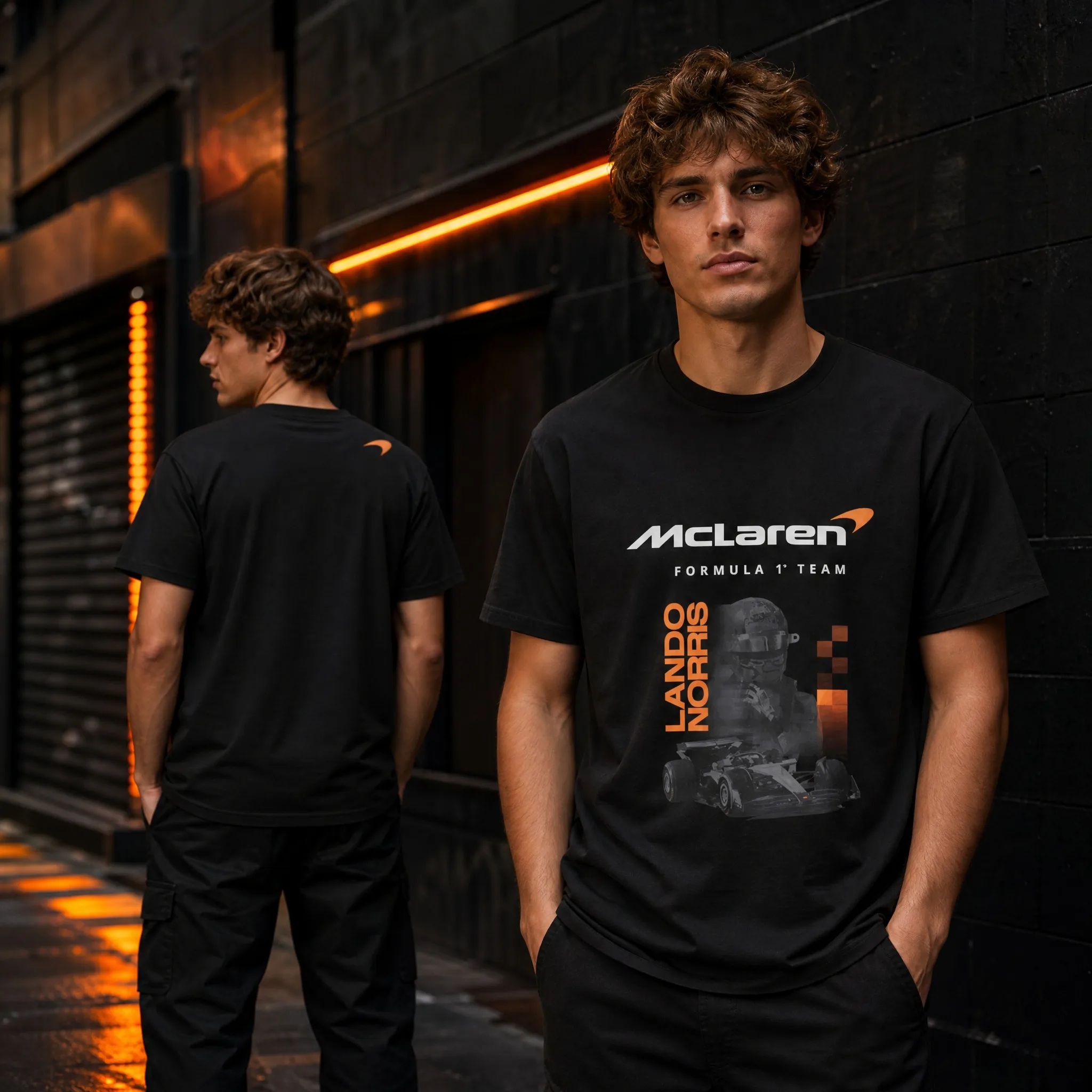 Black McLaren Formula1 Men T‑Shirt Lando Norris Driver Print Orange Collar Short Sleeve Motorsport Fan Top