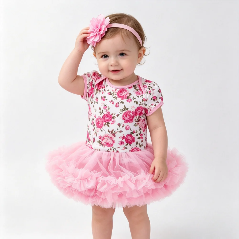 Baby Girl Pink Rose Floral Tutu Romper Dress Headband Shoes Set Infant Short Sleeve Jumpsuit Outfit Newborn Birthday Party 0-24M