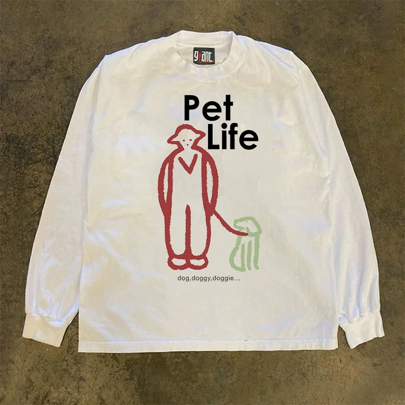 

90s Heavyweight Pure Cotton Long Sve T-irt Street Sle Versatile Loose Fit Dog Lea Trendy Brand Handkerchief Accory