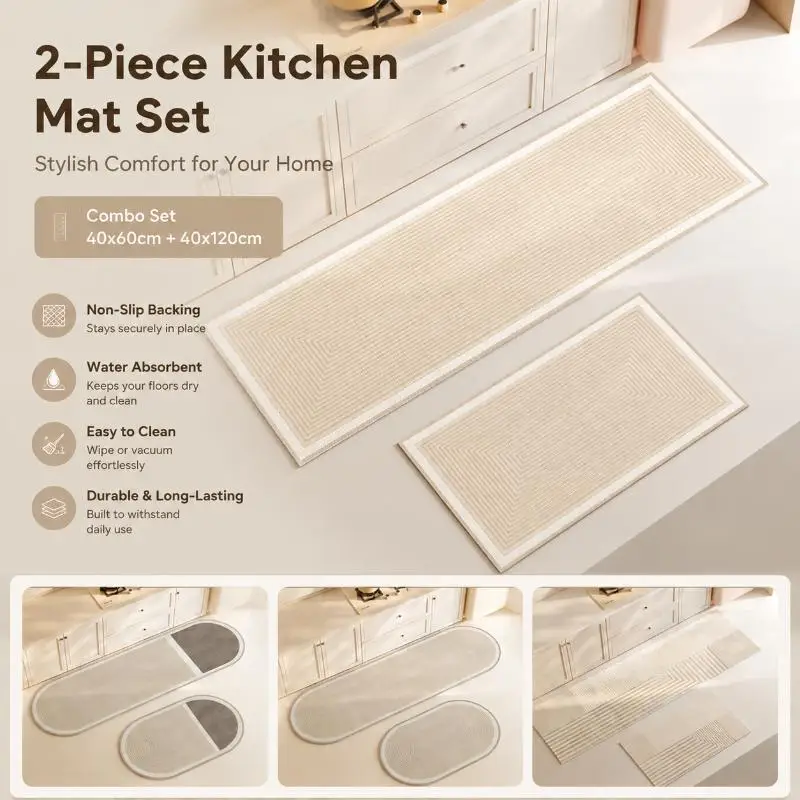 Beige Striped Kitchen Floor Mat Set Of 2 Non Slip Waterproof For Kitchen Entryway Laundry Room Decor