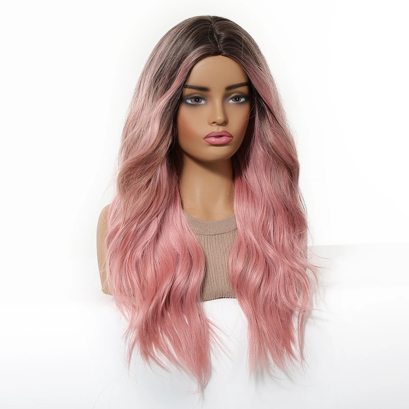 EASIHAIR 옴브레 핑크 합성 가발 긴 웨이브 핑크 가발 여성용 자연스러운 헤어 가발 어두운 뿌리 중간 가르마 코스프레 일상용