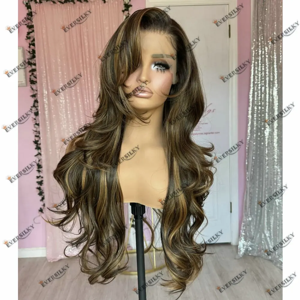 

Brown Honey Blonde Hightlight 13x6 360 Lace Frontal Wig Human Hair Slightly Curly Full Lace Wigs for Women Braizilian Hair Wig