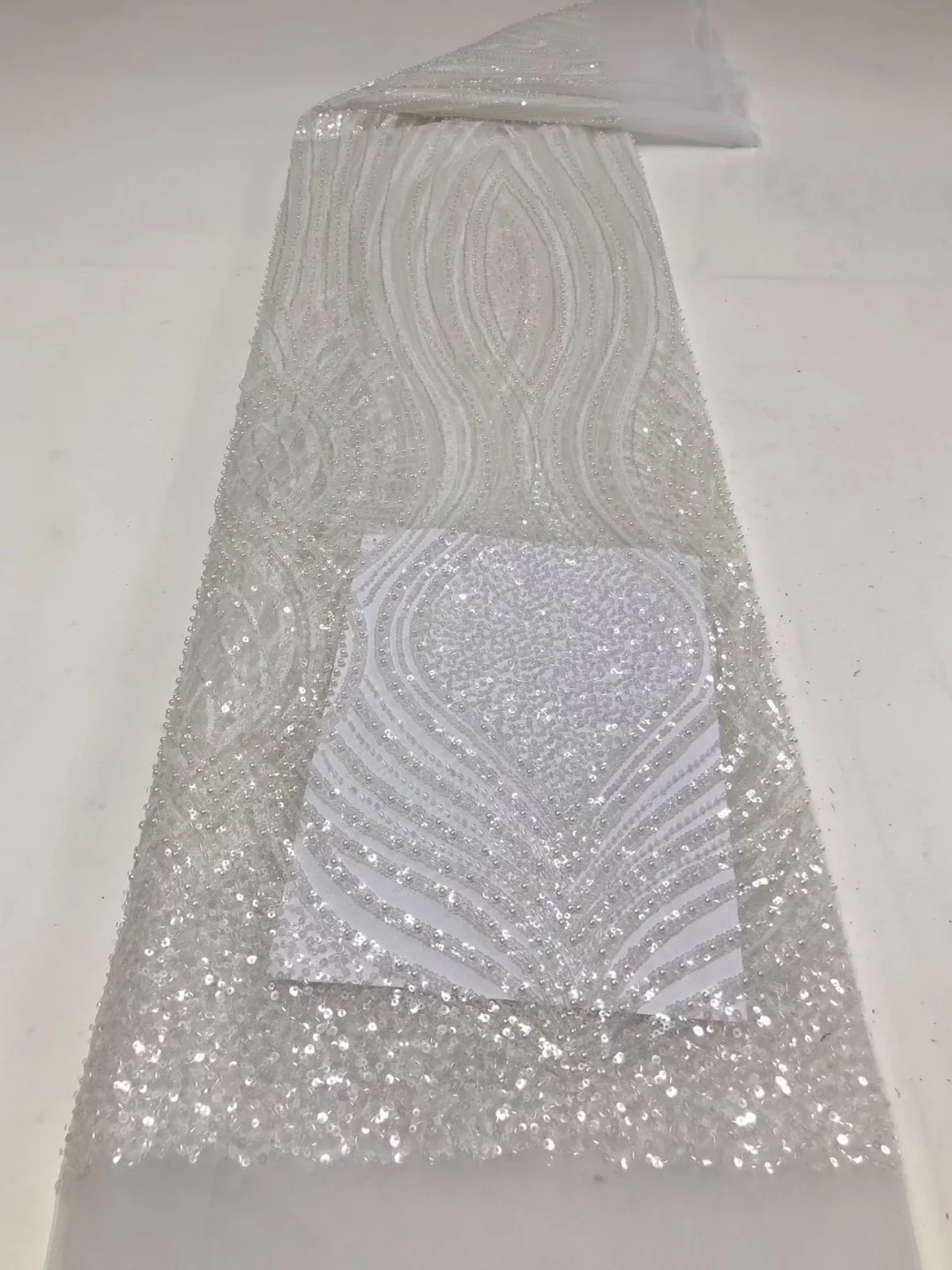 ​Luxury French Mesh Lace Fabric High Quality African Beaded Lace Embroider Fabrics Sequins for Sew Wedding Dresses AT2869