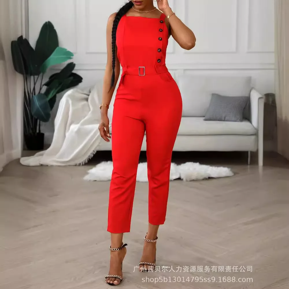 Fashion Casual Sleeveless High Waist Solid Jumpsuit for Women